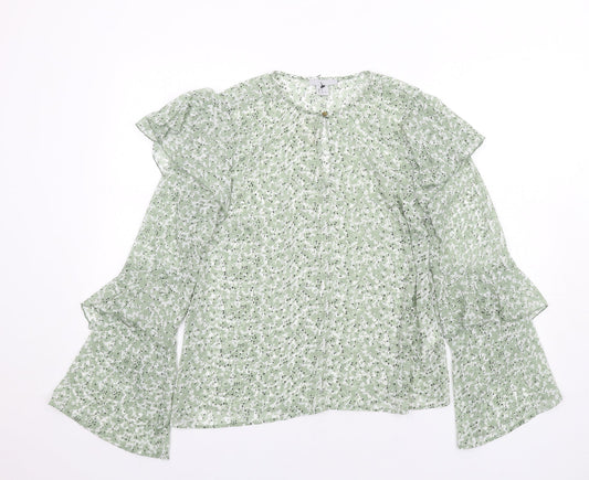 H&M Womens Green Floral Polyester Basic Blouse Size 14 Round Neck