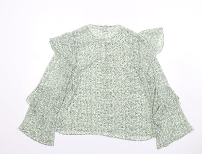 H&M Womens Green Floral Polyester Basic Blouse Size 14 Round Neck