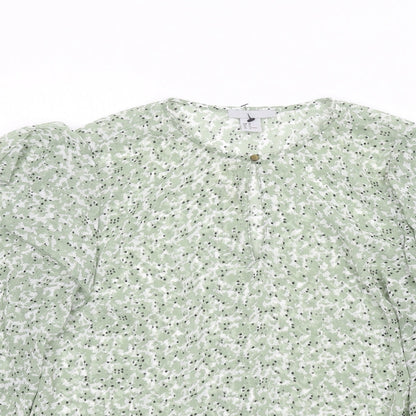 H&M Womens Green Floral Polyester Basic Blouse Size 14 Round Neck