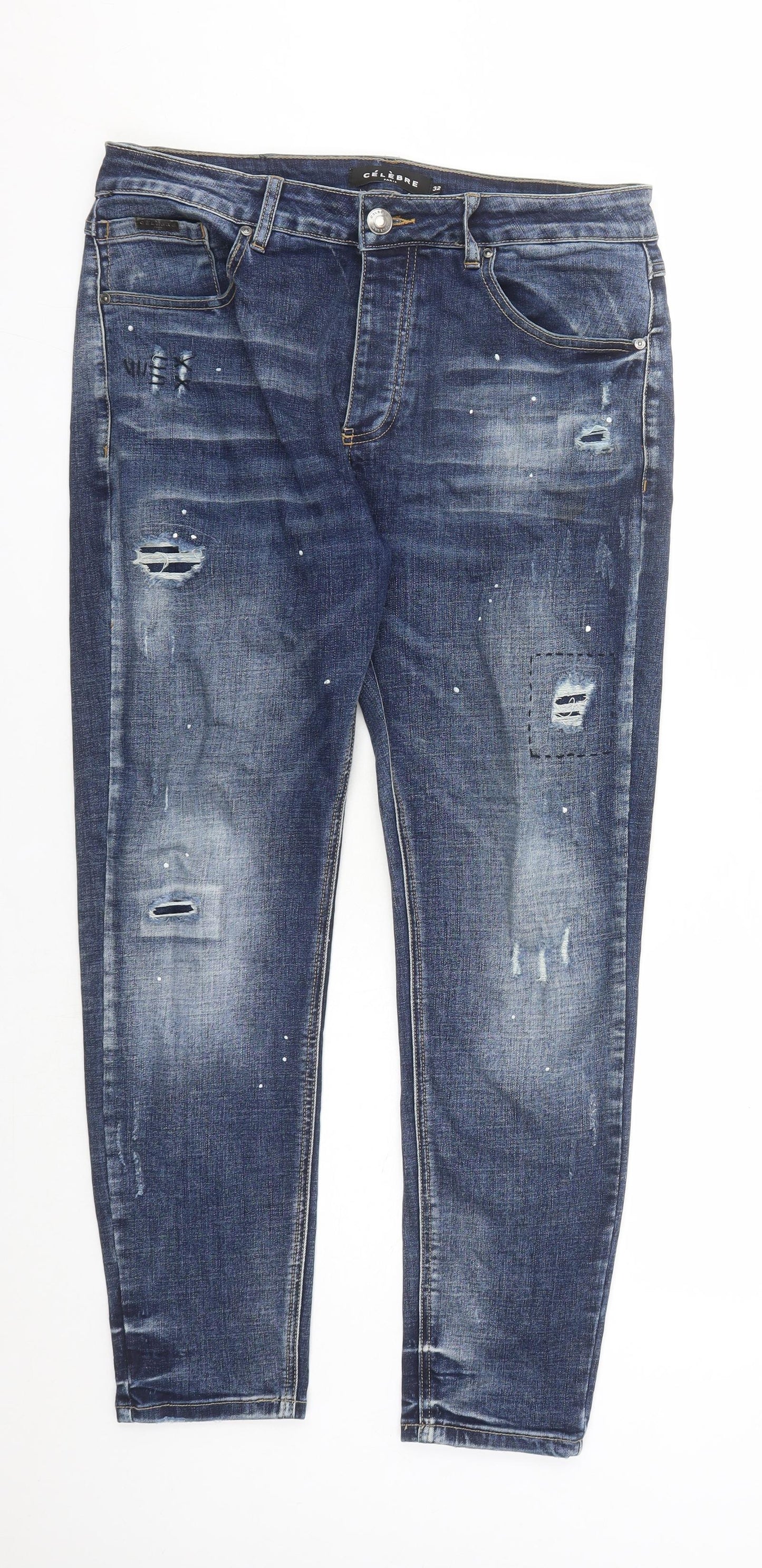 Celebre Mens Blue Cotton Straight Jeans Size 32 in L28 in Regular Button - Paint Splatter