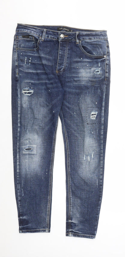 Celebre Mens Blue Cotton Straight Jeans Size 32 in L28 in Regular Button - Paint Splatter