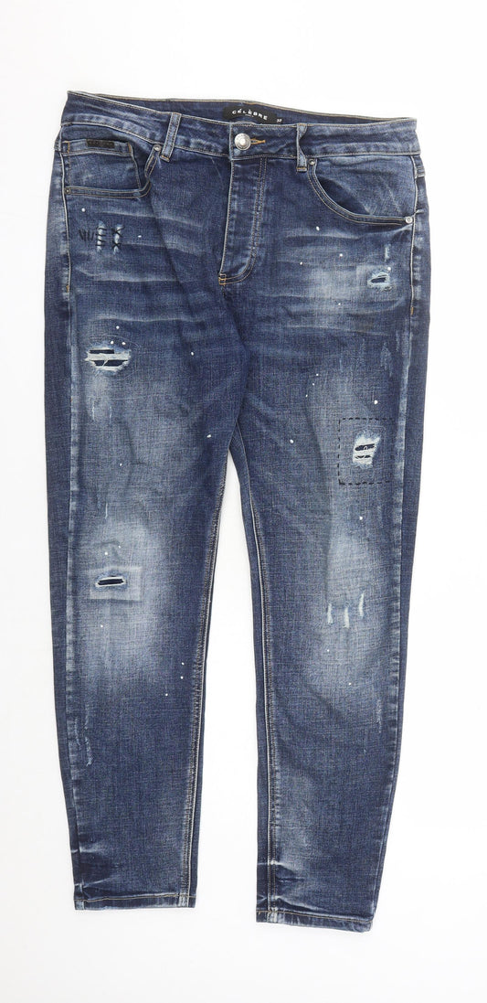 Celebre Mens Blue Cotton Straight Jeans Size 32 in L28 in Regular Button - Paint Splatter