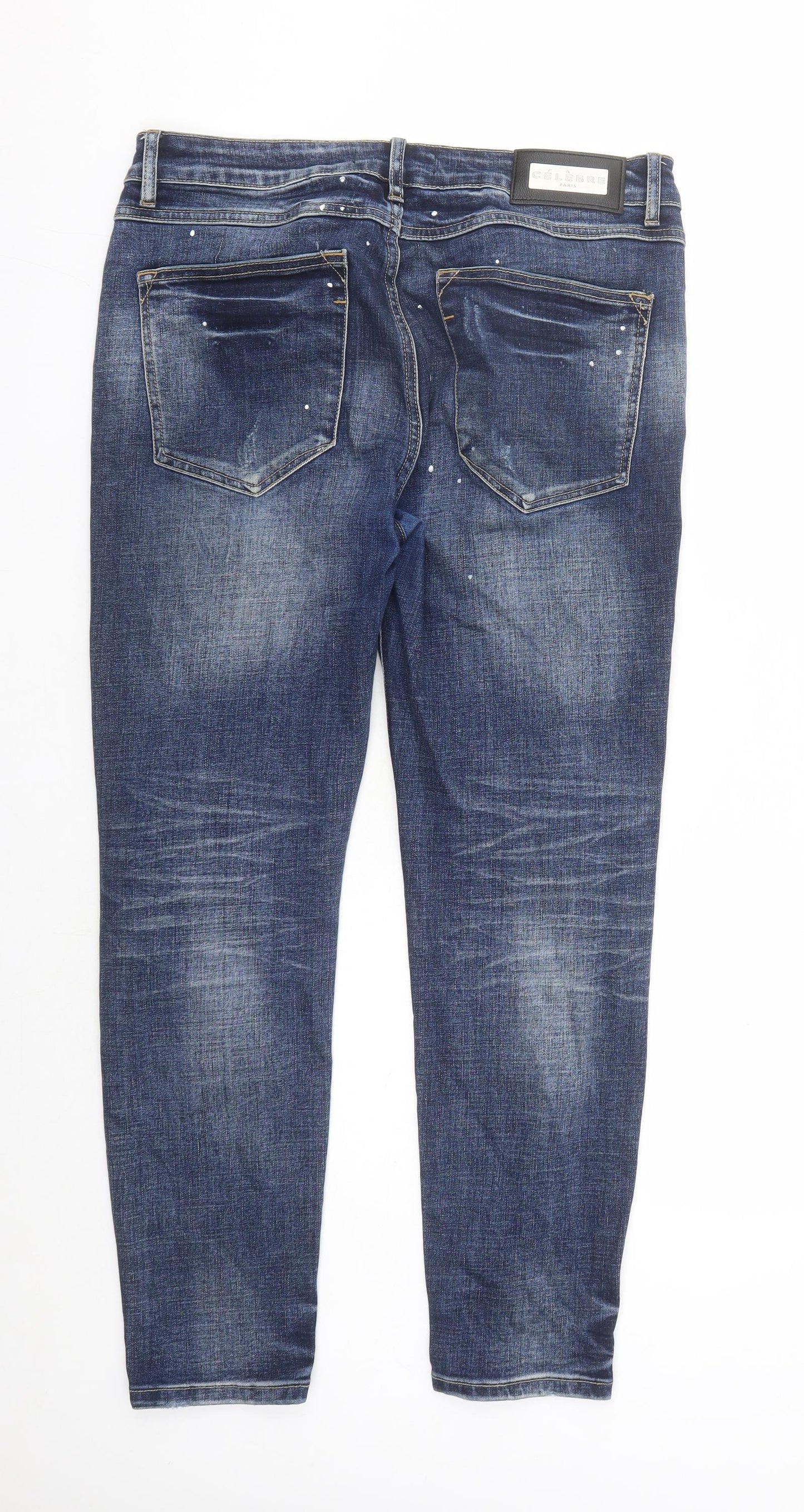 Celebre Mens Blue Cotton Straight Jeans Size 32 in L28 in Regular Button - Paint Splatter