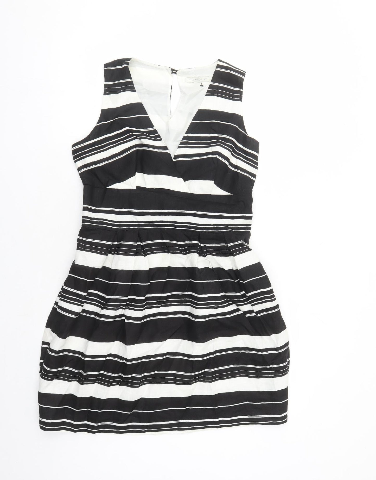 Tweeds Womens Black Striped Linen A-Line Size 12 V-Neck Button - Lined