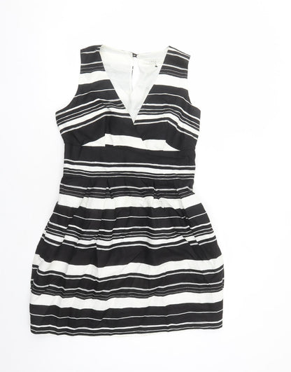 Tweeds Womens Black Striped Linen A-Line Size 12 V-Neck Button - Lined