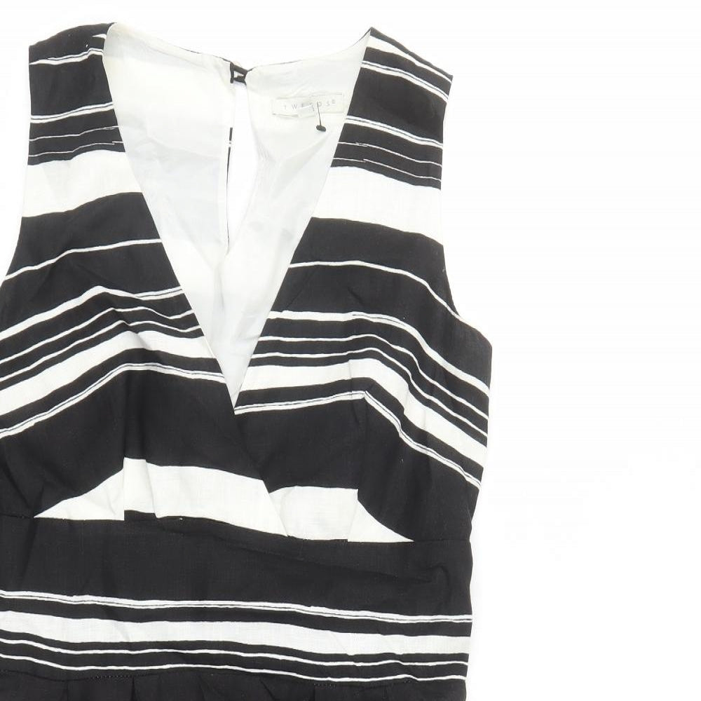 Tweeds Womens Black Striped Linen A-Line Size 12 V-Neck Button - Lined