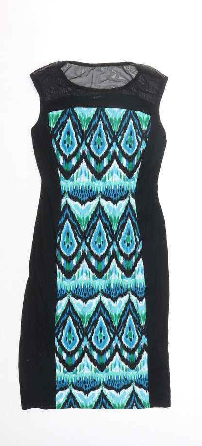 Roman Womens Black Geometric Viscose A-Line Size 10 Round Neck Pullover