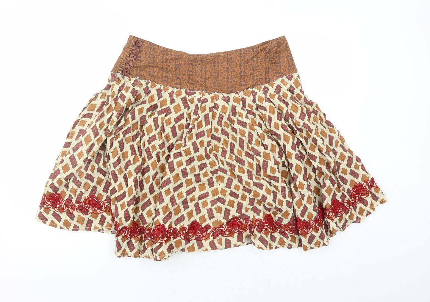 Topshop Womens Brown Geometric Cotton Swing Skirt Size 10 Button - Embroidered Detail