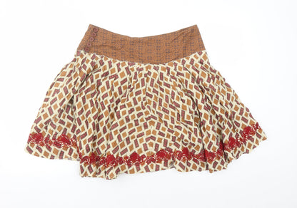Topshop Womens Brown Geometric Cotton Swing Skirt Size 10 Button - Embroidered Detail