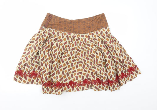 Topshop Womens Brown Geometric Cotton Swing Skirt Size 10 Button - Embroidered Detail