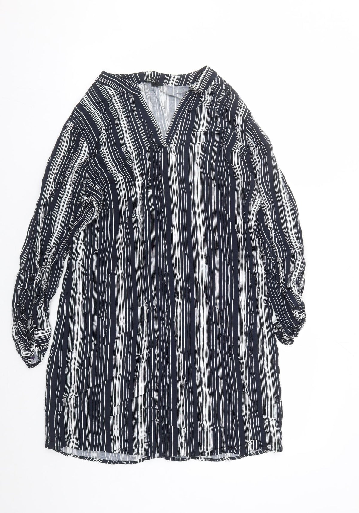 Additional front view of NET Collection women’s blue striped rayon a-line, size UK 10, v-neck pullover