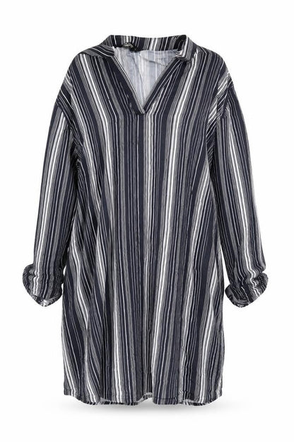 Front view of NET Collection women’s blue striped rayon a-line, size UK 10, v-neck pullover