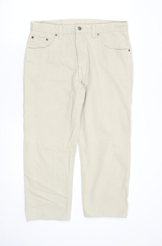 Marks and Spencer Mens Beige Cotton Straight Jeans Size 34 in L24 in Regular Zip