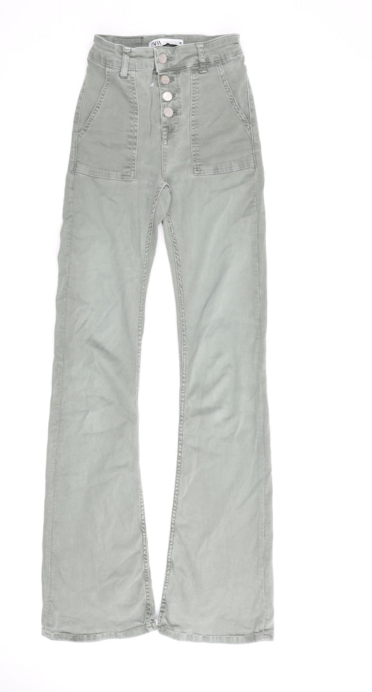 Zara Womens Green Cotton Bootcut Jeans Size 4 L32 in Regular Zip