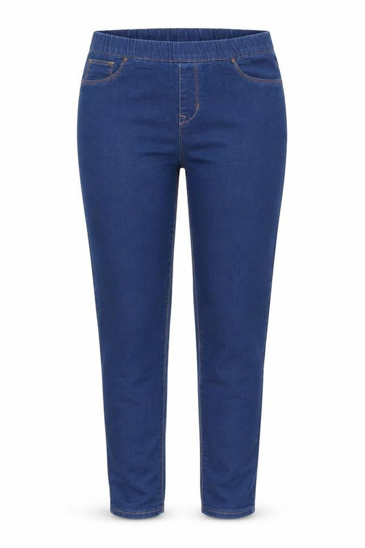 Front view of Denim & Co. women’s blue cotton jegging jeans, size UK 10, 30-inch leg regular