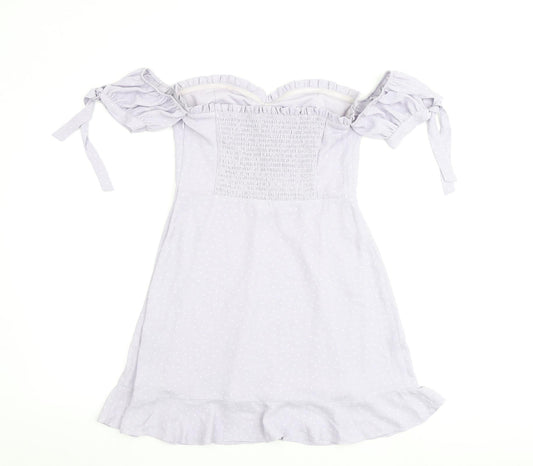 Nakd Womens Purple Polka Dot Polyester A-Line Size 8 Off the Shoulder Tie