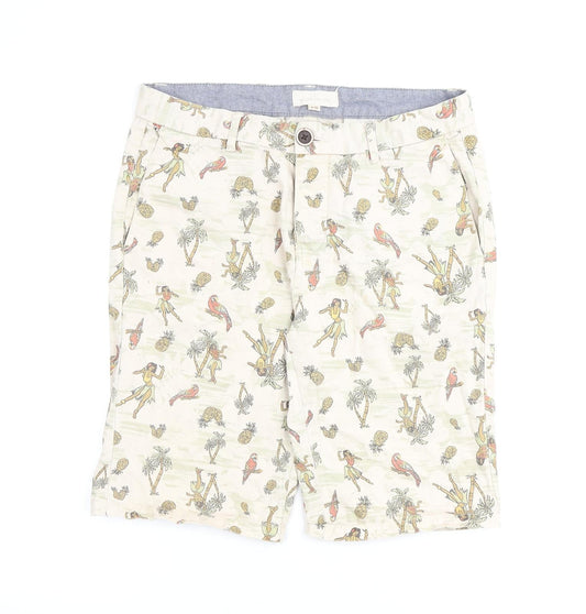 River Island Mens Beige Geometric Cotton Bermuda Shorts Size 30 in L10 in Regular Zip