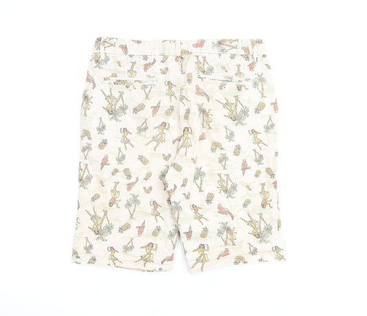 River Island Mens Beige Geometric Cotton Bermuda Shorts Size 30 in L10 in Regular Zip