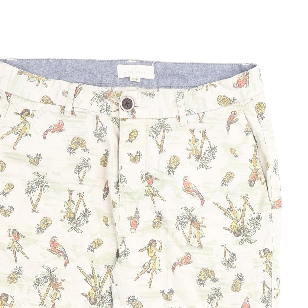 River Island Mens Beige Geometric Cotton Bermuda Shorts Size 30 in L10 in Regular Zip