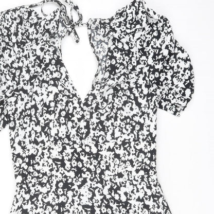 Topshop Womens Black Geometric Polyester A-Line Size 10 V-Neck Tie