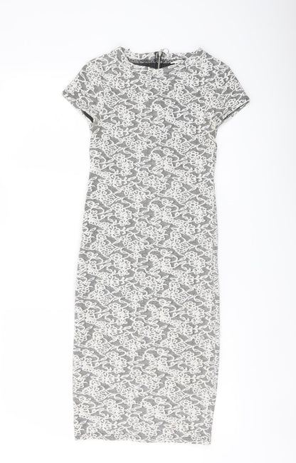 Miss Selfridge Womens White Floral Cotton Bodycon Size 8 Crew Neck Zip