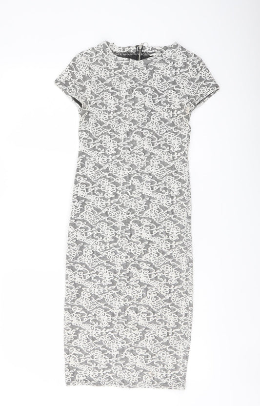 Miss Selfridge Womens White Floral Cotton Bodycon Size 8 Crew Neck Zip