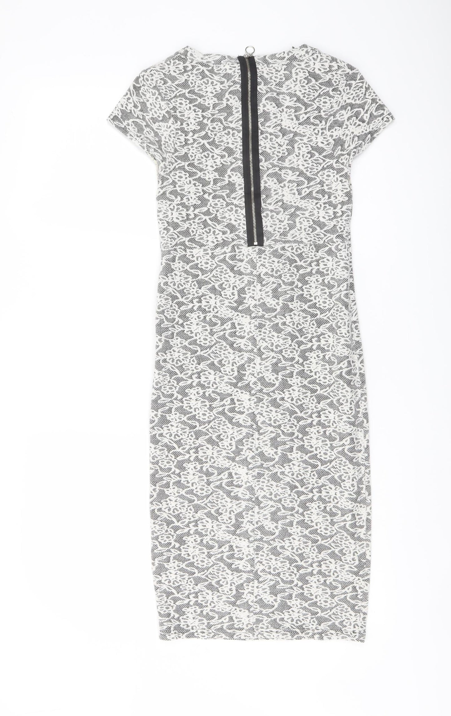 Miss Selfridge Womens White Floral Cotton Bodycon Size 8 Crew Neck Zip