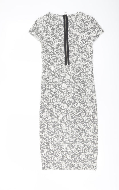 Miss Selfridge Womens White Floral Cotton Bodycon Size 8 Crew Neck Zip