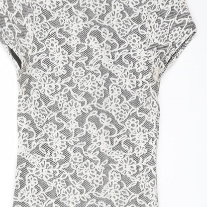 Miss Selfridge Womens White Floral Cotton Bodycon Size 8 Crew Neck Zip