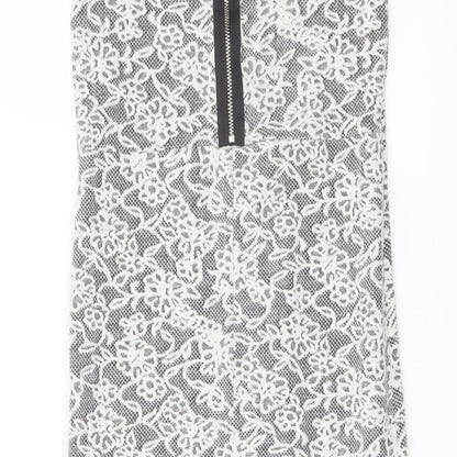 Miss Selfridge Womens White Floral Cotton Bodycon Size 8 Crew Neck Zip