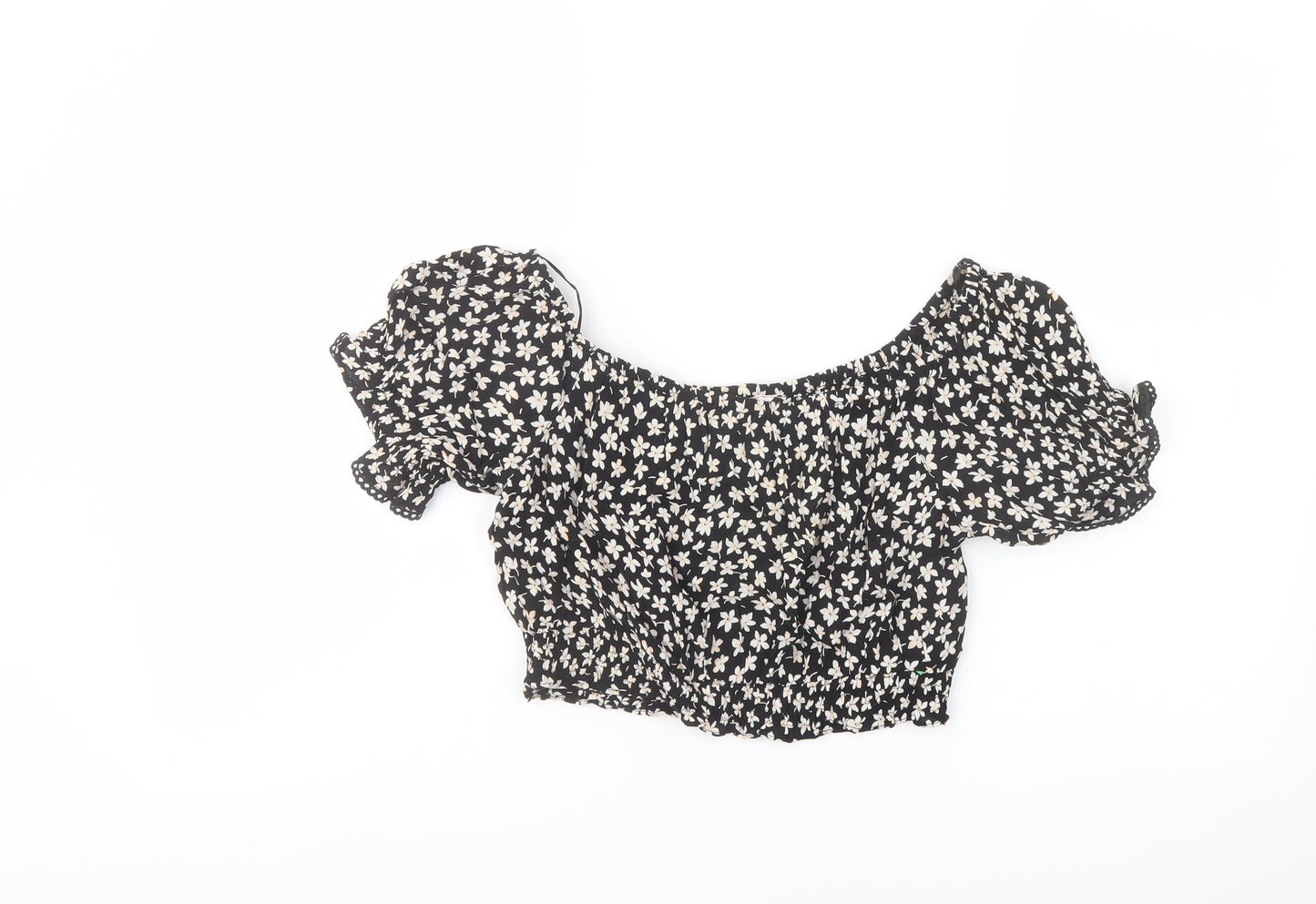 Miss Selfridge Womens Black Floral Polyester Cropped Blouse Size 10 Off the Shoulder