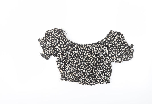 Miss Selfridge Womens Black Floral Polyester Cropped Blouse Size 10 Off the Shoulder