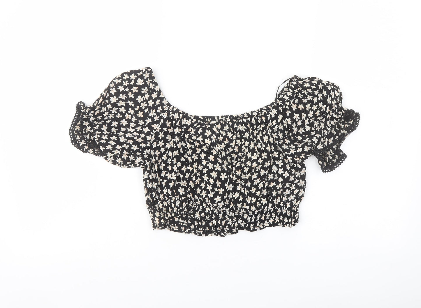 Miss Selfridge Womens Black Floral Polyester Cropped Blouse Size 10 Off the Shoulder