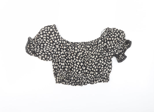 Miss Selfridge Womens Black Floral Polyester Cropped Blouse Size 10 Off the Shoulder