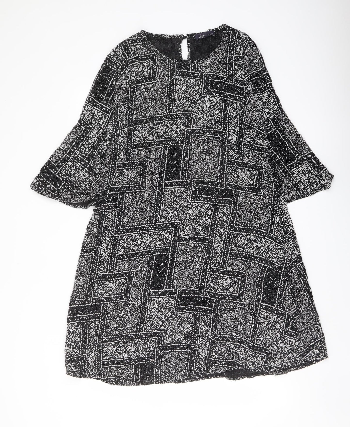 Marks and Spencer Womens Black Geometric Viscose A-Line Size 14 Round Neck Button