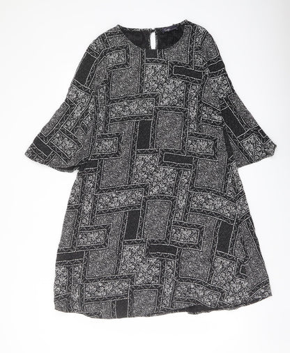 Marks and Spencer Womens Black Geometric Viscose A-Line Size 14 Round Neck Button