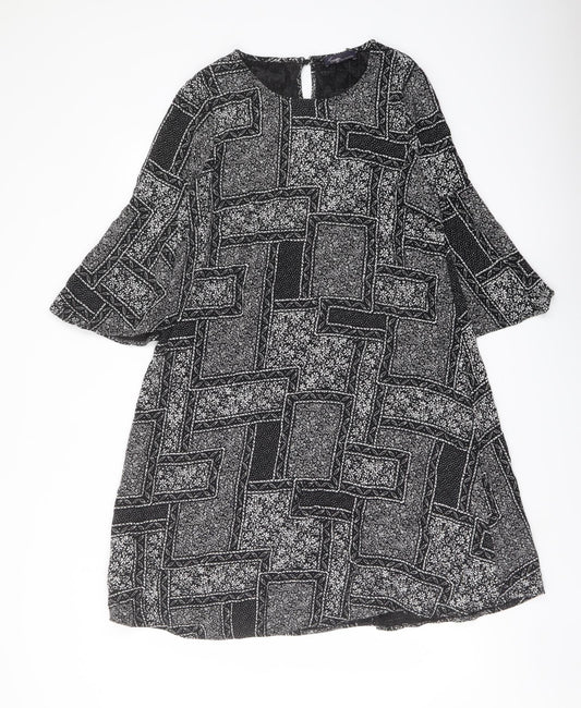 Marks and Spencer Womens Black Geometric Viscose A-Line Size 14 Round Neck Button