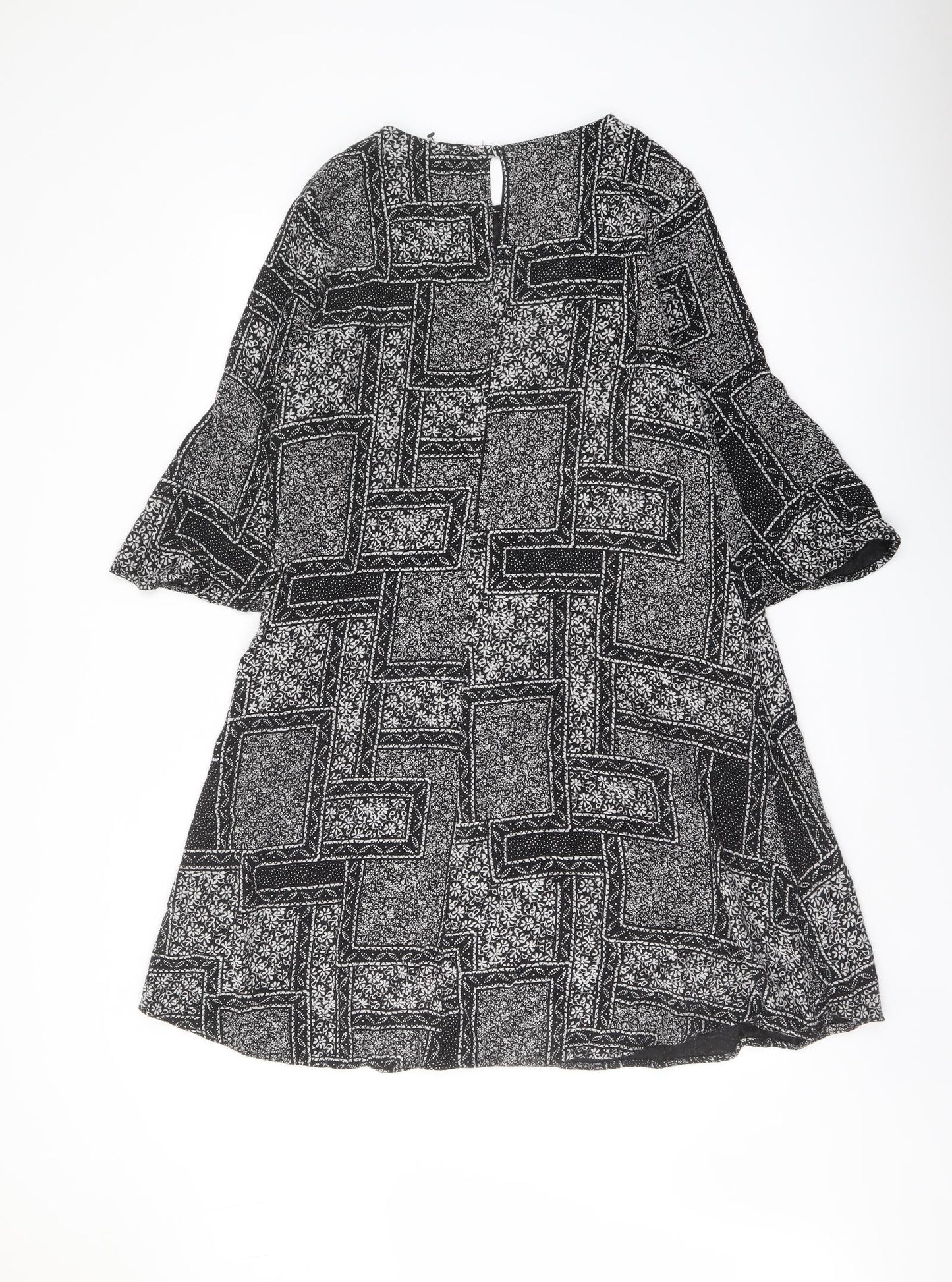 Marks and Spencer Womens Black Geometric Viscose A-Line Size 14 Round Neck Button