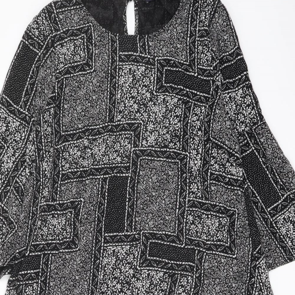 Marks and Spencer Womens Black Geometric Viscose A-Line Size 14 Round Neck Button