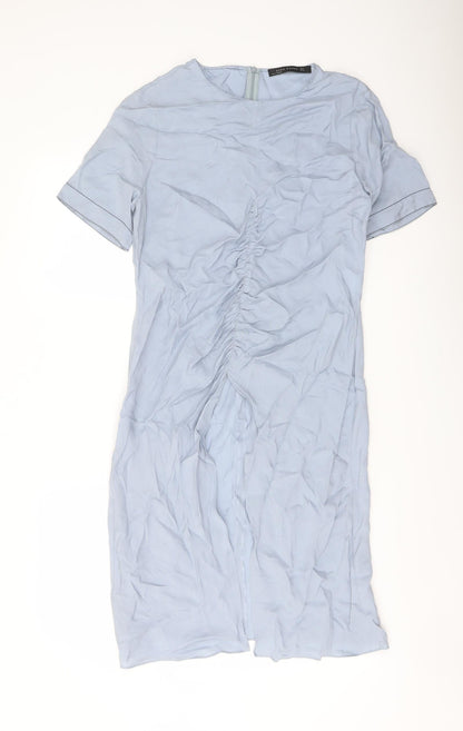 Zara Womens Blue Cupro Shift Size S Round Neck Zip