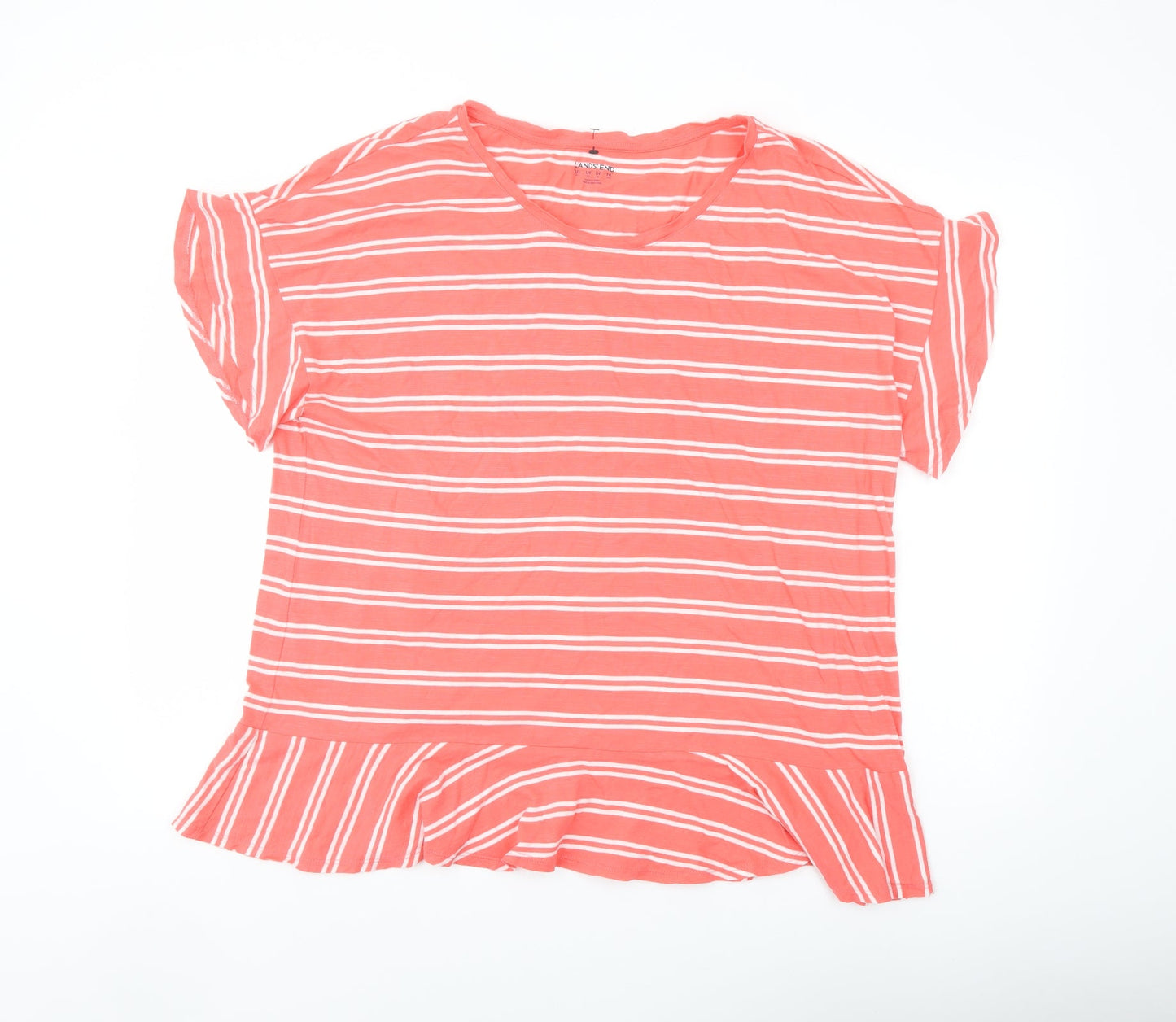 Lands' End Womens Orange Striped Cotton Basic T-Shirt Size XL Round Neck