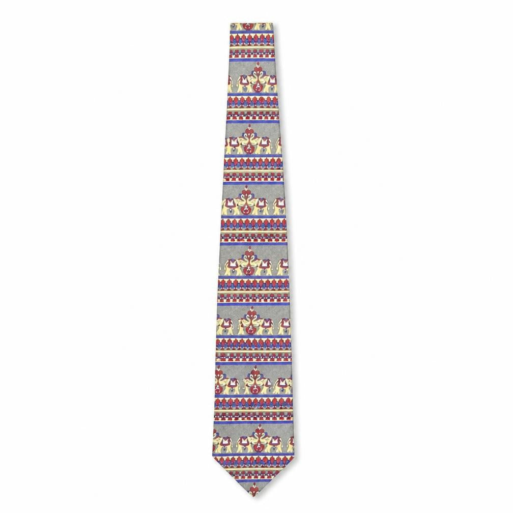 Front view of Vintage Elephant men’s multicoloured geometric silk pointed tie one size - elephant print