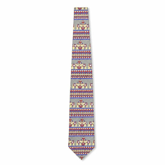 Front view of Vintage Elephant men’s multicoloured geometric silk pointed tie one size - elephant print
