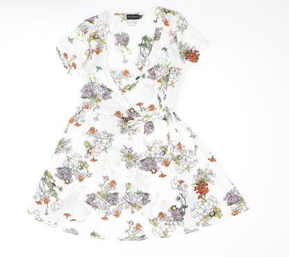 PRETTYLITTLETHING Womens White Floral Polyester Wrap Dress Size 8 V-Neck Tie