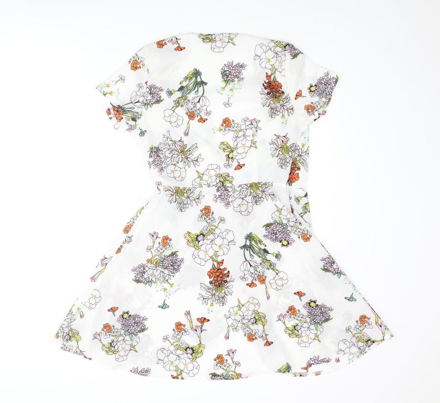 PRETTYLITTLETHING Womens White Floral Polyester Wrap Dress Size 8 V-Neck Tie