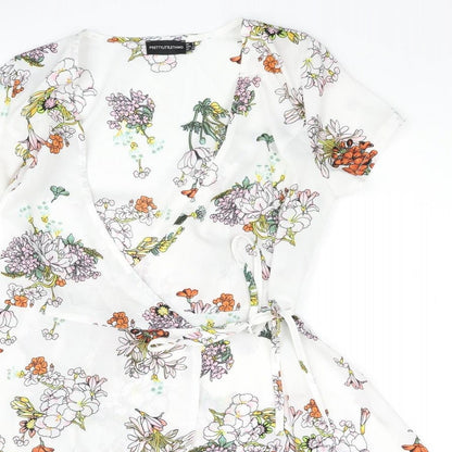 PRETTYLITTLETHING Womens White Floral Polyester Wrap Dress Size 8 V-Neck Tie