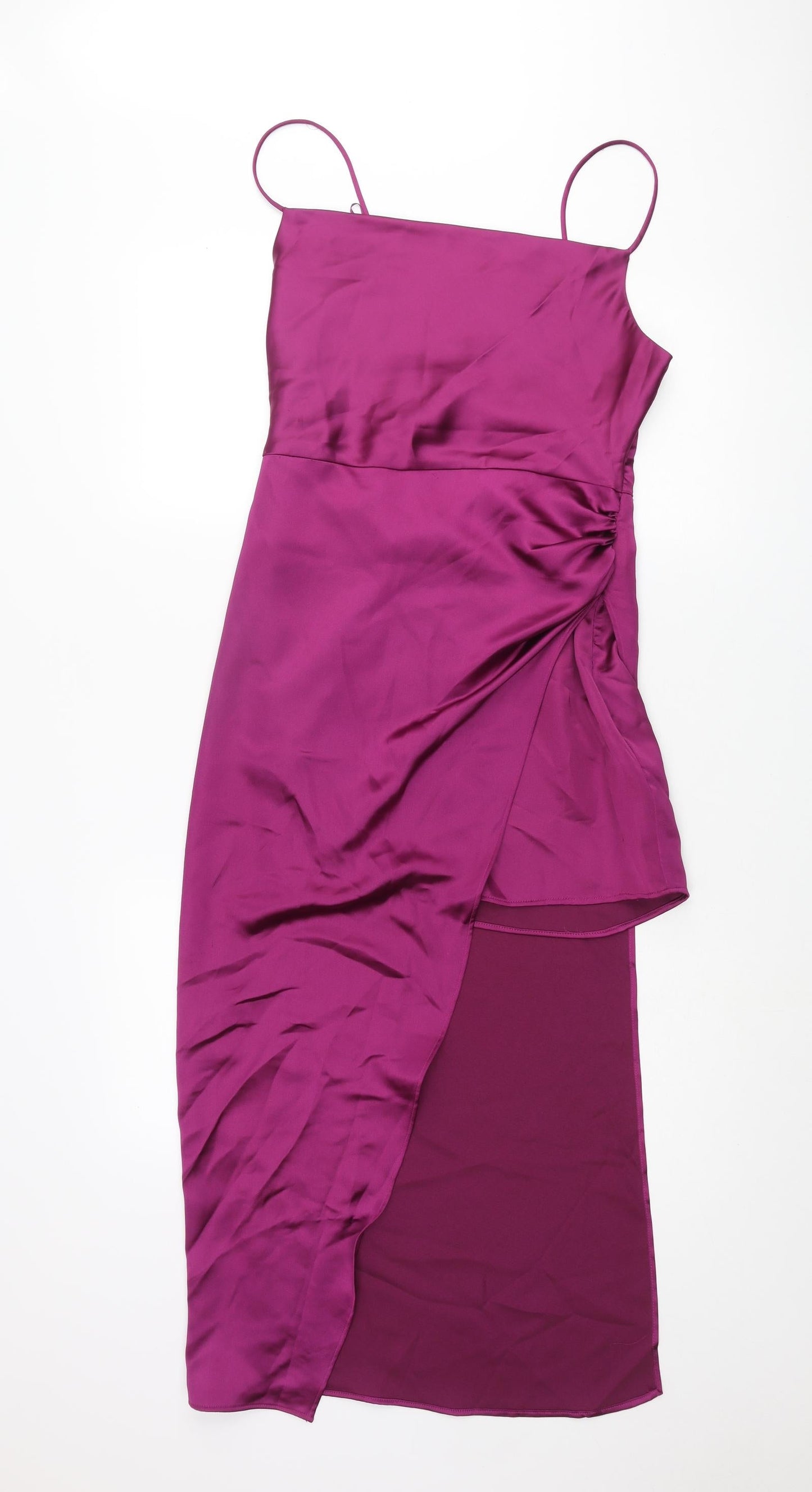 Zara Womens Purple Polyester Slip Dress Size S Square Neck Zip - Layered Rouched