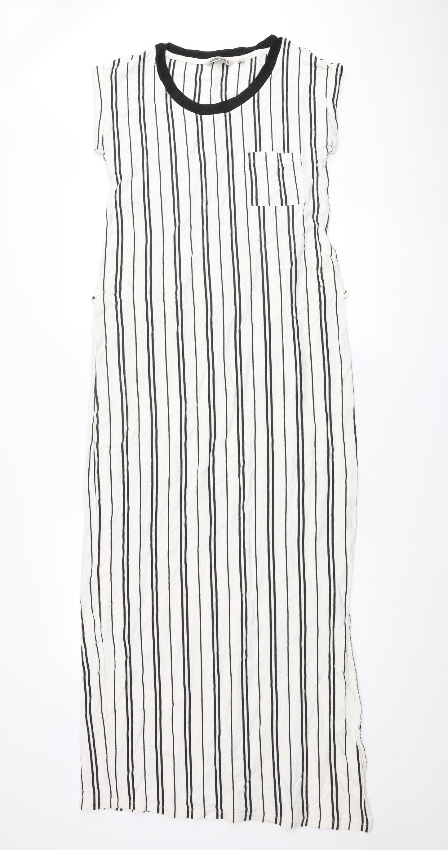 Garcia Womens Ivory Striped Cotton Maxi Size M Round Neck Pullover - Pocket Side Slits