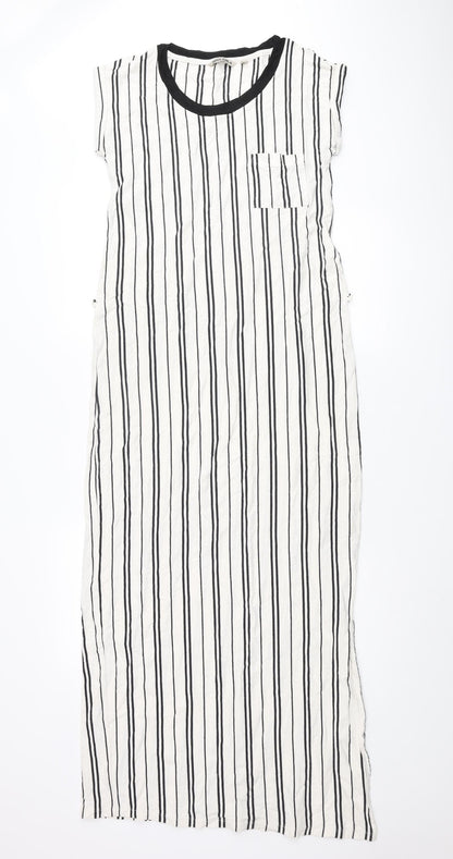 Garcia Womens Ivory Striped Cotton Maxi Size M Round Neck Pullover - Pocket Side Slits