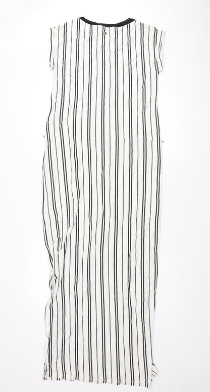 Garcia Womens Ivory Striped Cotton Maxi Size M Round Neck Pullover - Pocket Side Slits